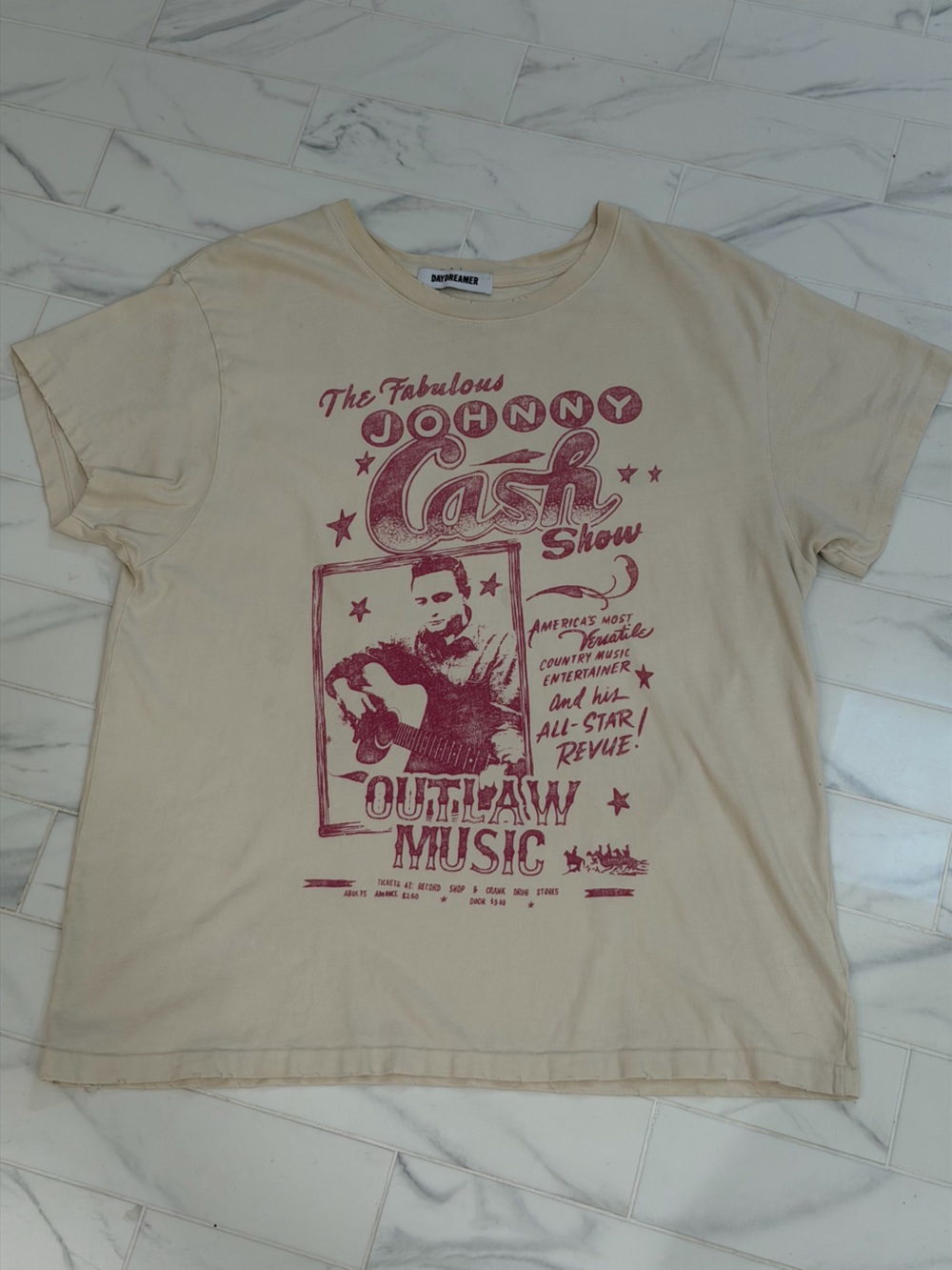Daydreamer Johnny Cash Graphic Tee Cream Pink Outlaw Music Size L - Picture 8 of 10